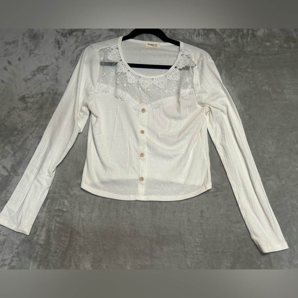Ginger G Long Sleeve Crop Top Women’s Large Mesh Lace White Coquette